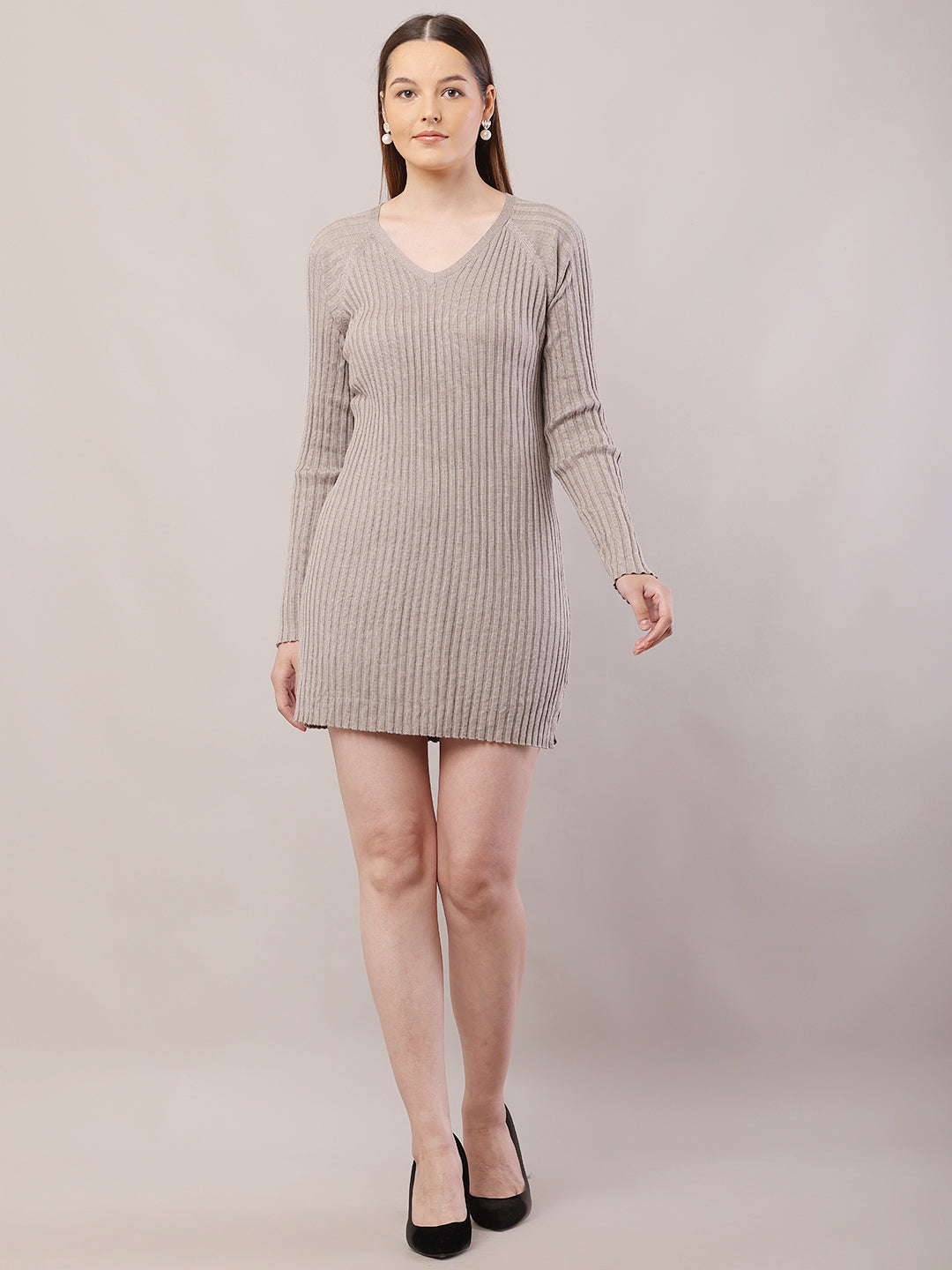 Polyester V-Neck with Full Sleeve Mini Light Brown Sheath Dress