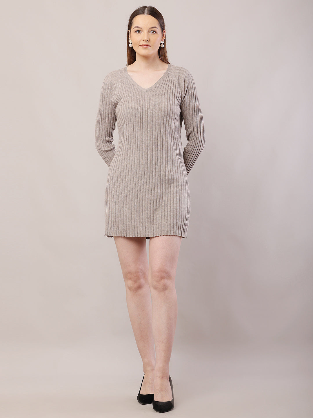 Polyester V-Neck with Full Sleeve Mini Light Brown Sheath Dress