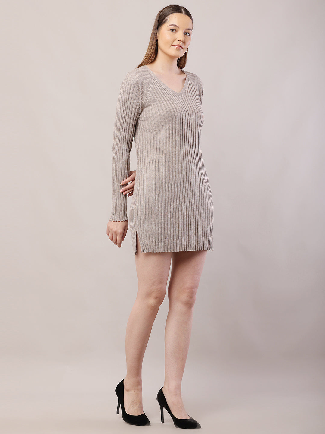 Polyester V-Neck with Full Sleeve Mini Light Brown Sheath Dress