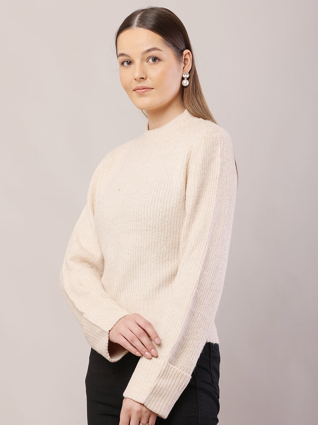 Acrylic Full Sleeve with Crew-Neck Cream Sweater