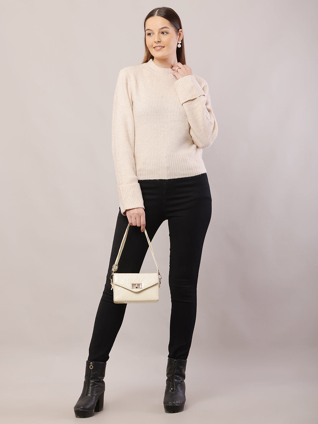 Acrylic Full Sleeve with Crew-Neck Cream Sweater
