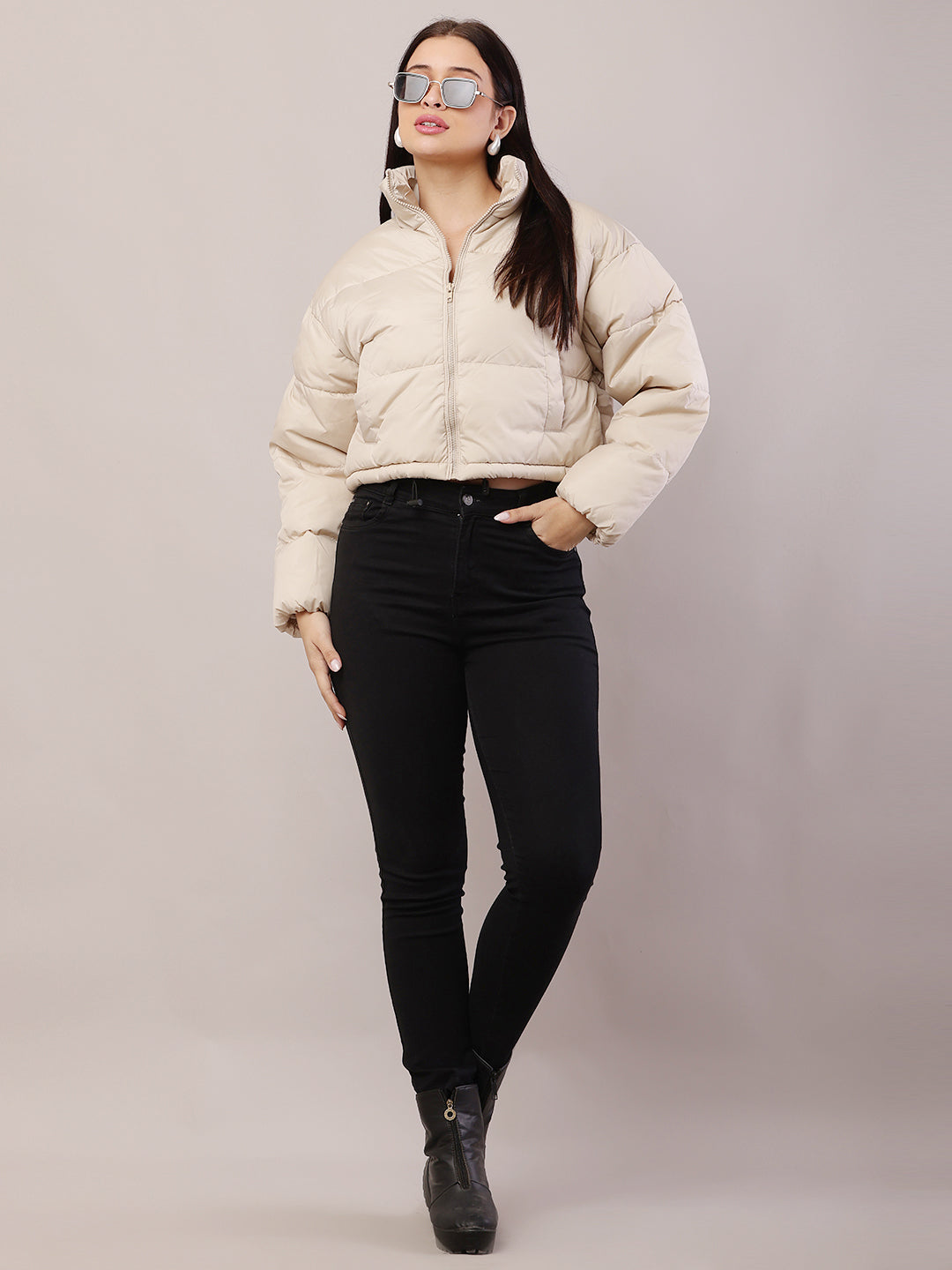 Polyester High-Neck with Full Sleeve Cream Puffer Jacket