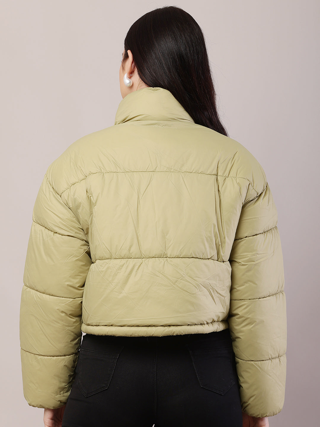 Polyester High-Neck with Full Sleeve Green Puffer Jacket