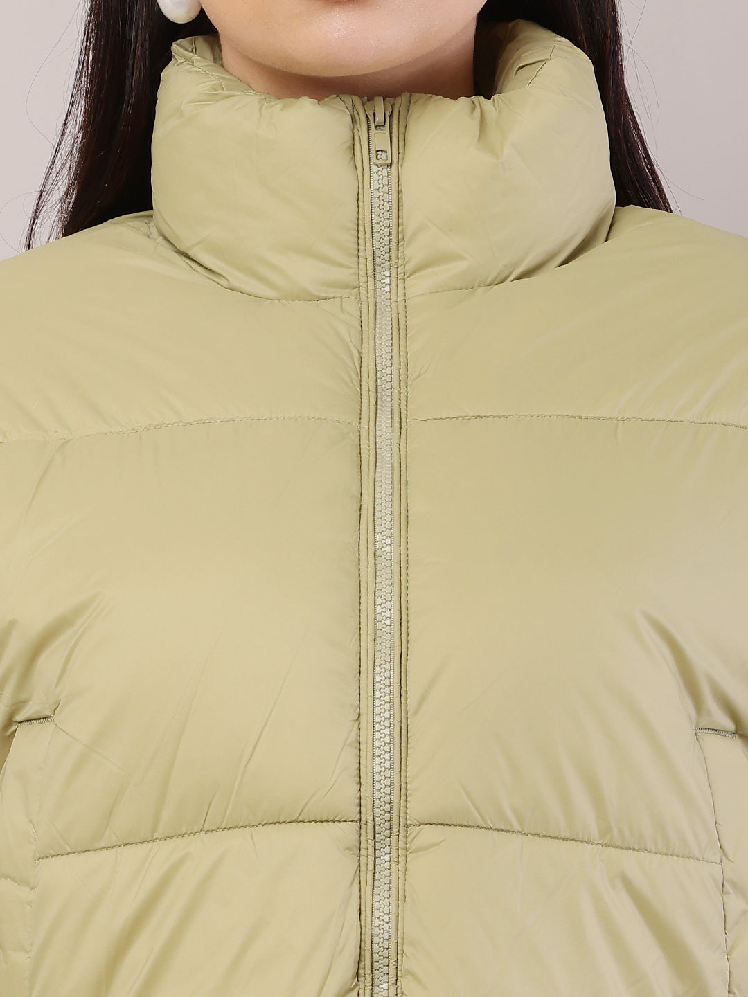 Polyester High-Neck with Full Sleeve Green Puffer Jacket
