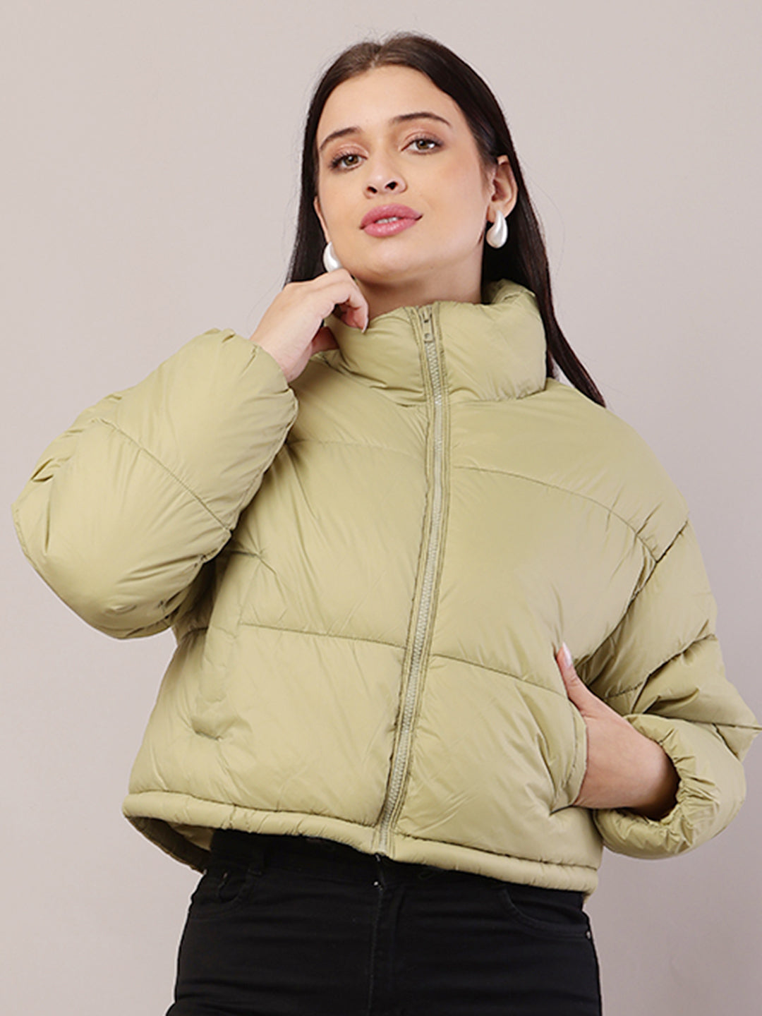 Polyester High-Neck with Full Sleeve Green Puffer Jacket