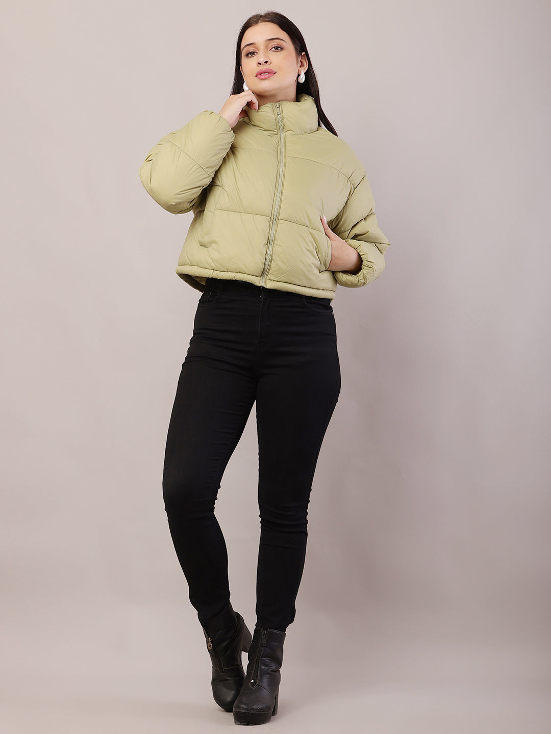 Polyester High-Neck with Full Sleeve Green Puffer Jacket