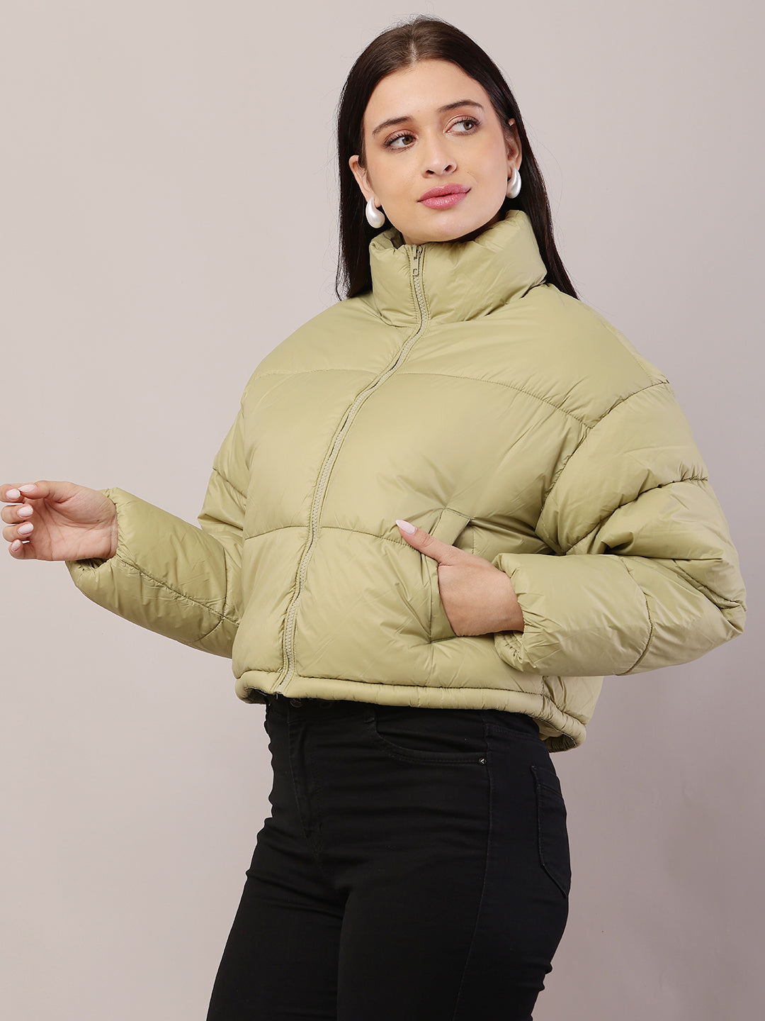 Polyester High-Neck with Full Sleeve Green Puffer Jacket