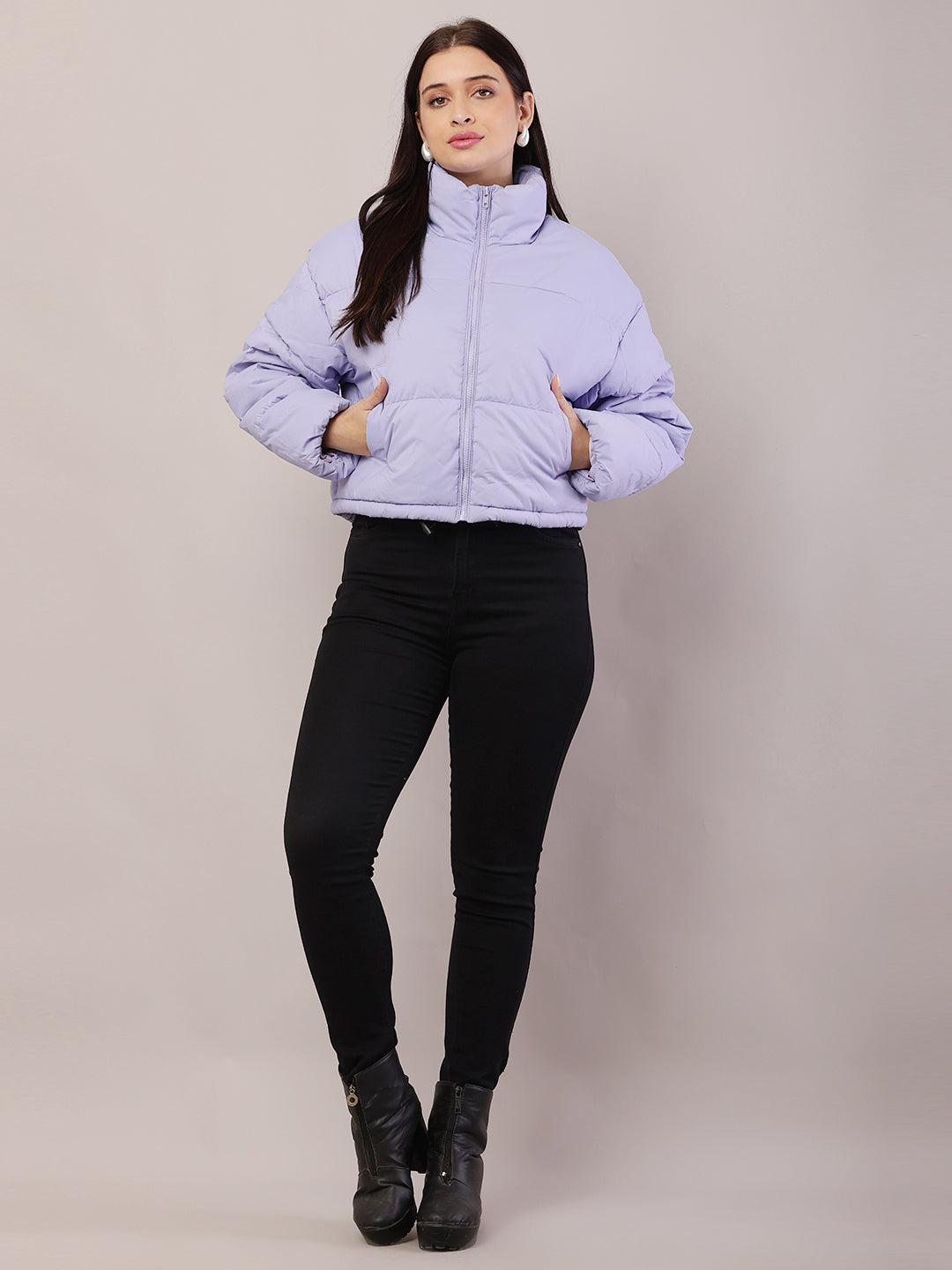 Polyester High-Neck with Full Sleeve Purple Puffer Jacket