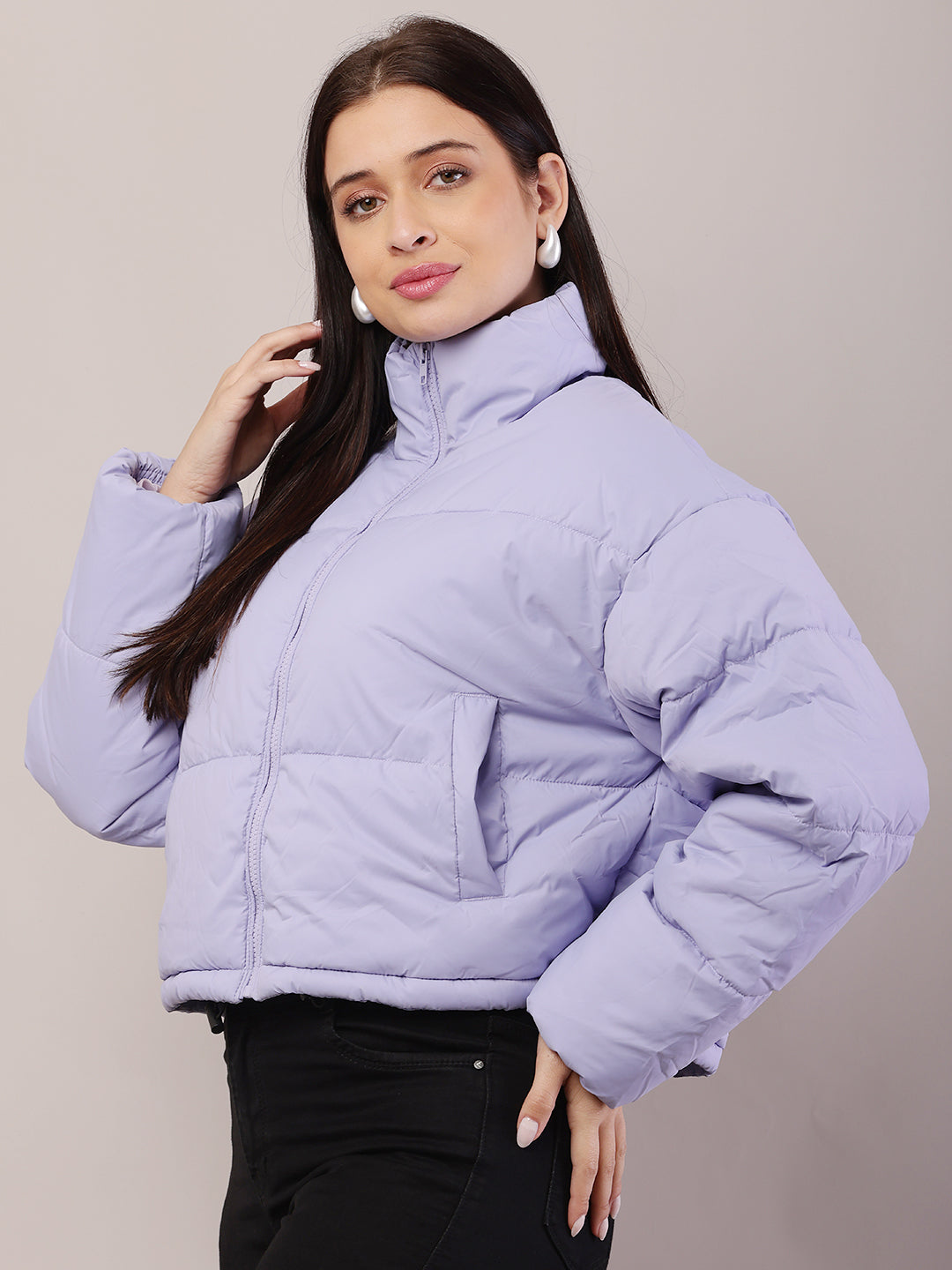 Polyester High-Neck with Full Sleeve Purple Puffer Jacket