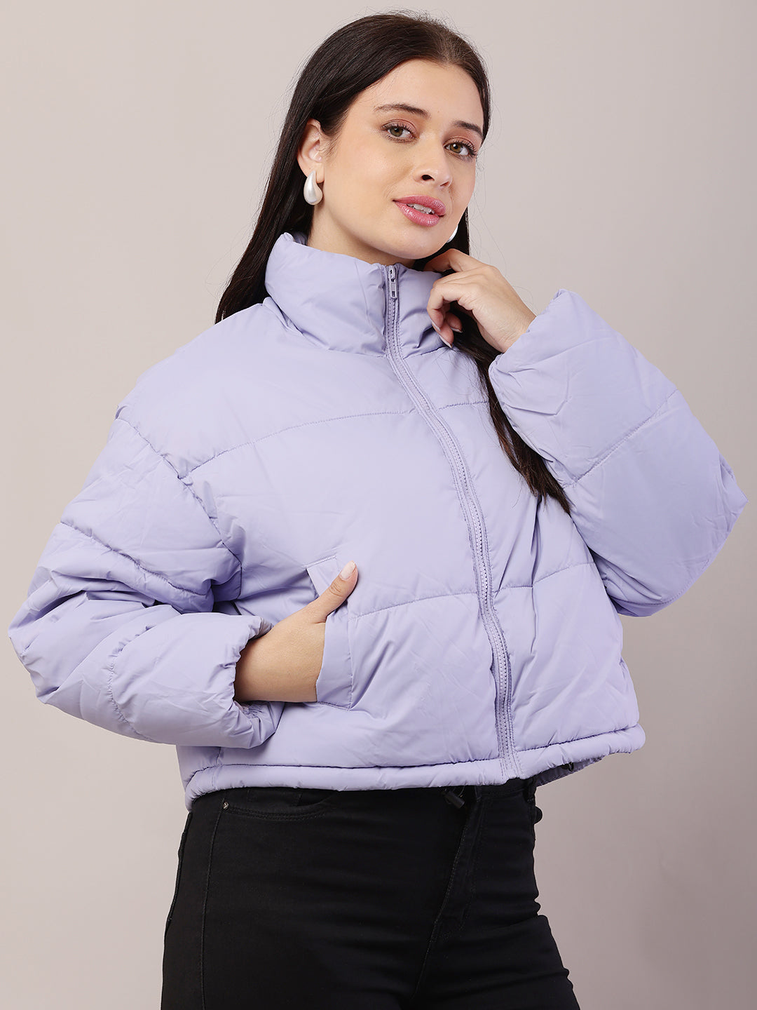 Polyester High-Neck with Full Sleeve Purple Puffer Jacket
