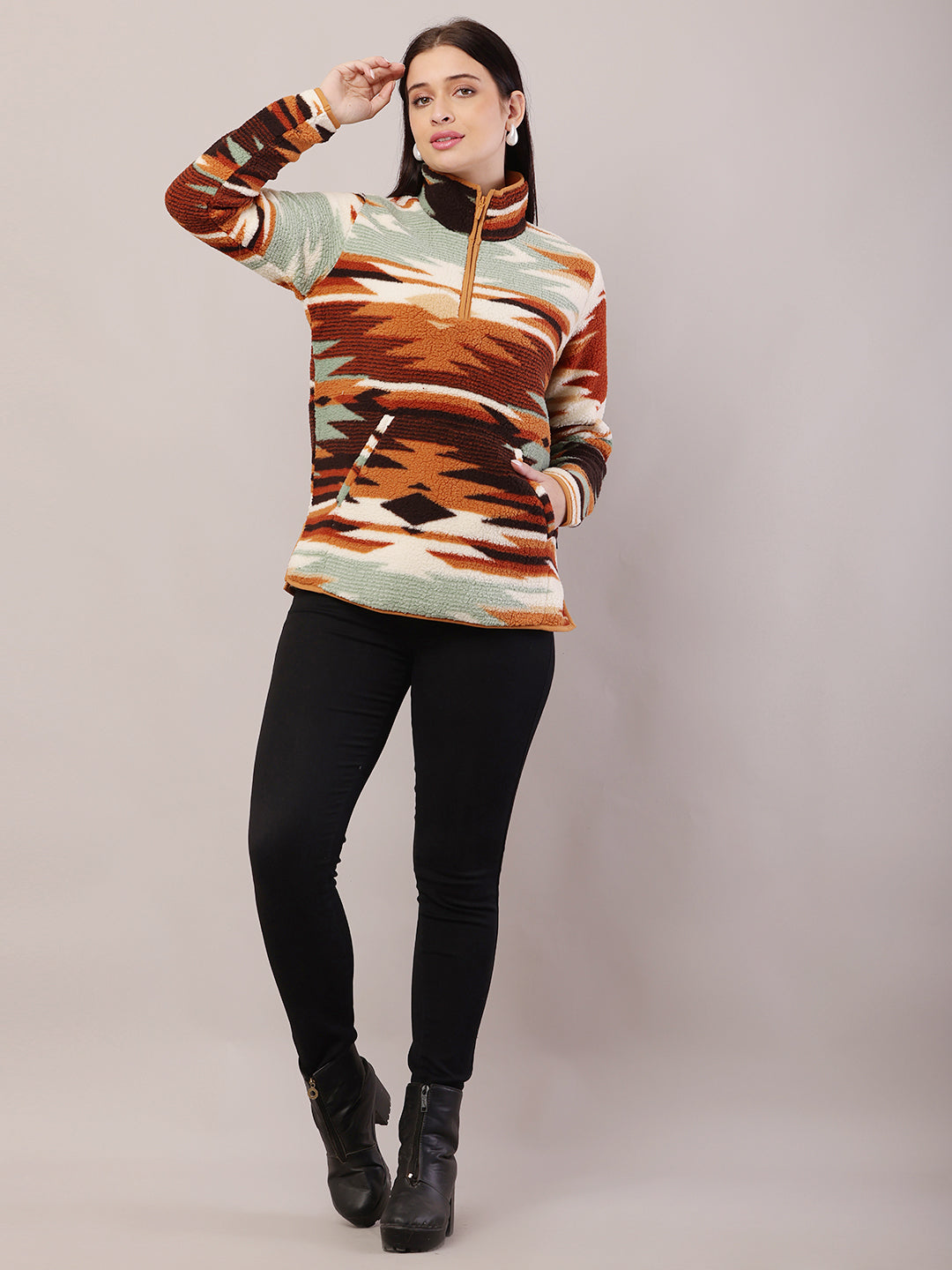Polyester Full Sleeve with High-Neck Ethnic Print Sweatshirt
