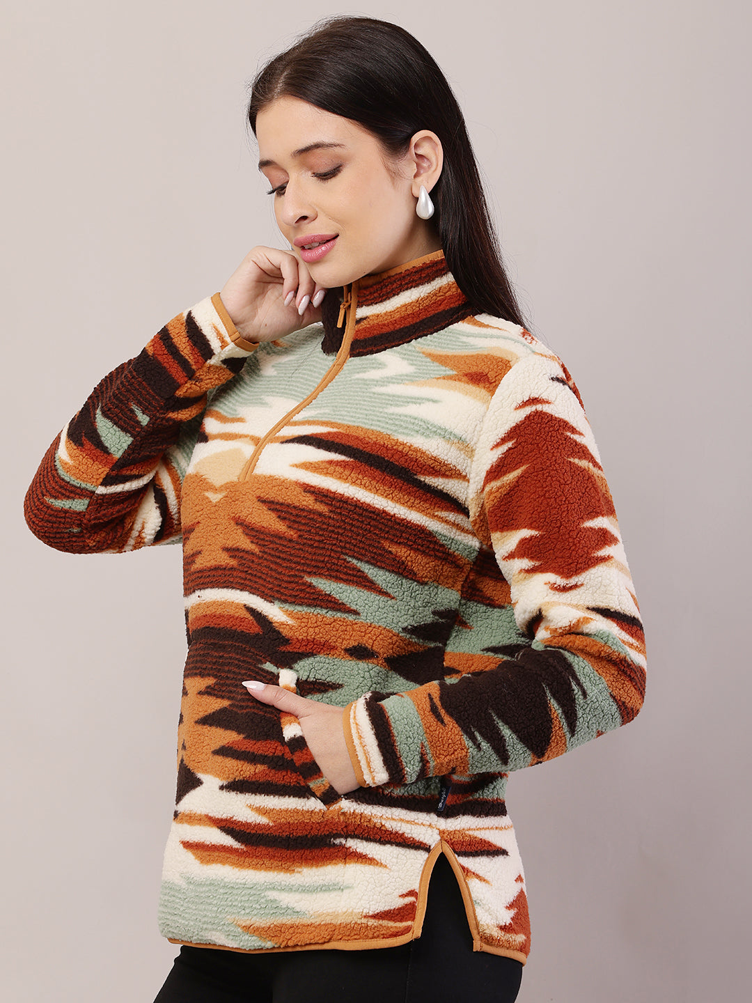 Polyester Full Sleeve with High-Neck Ethnic Print Sweatshirt
