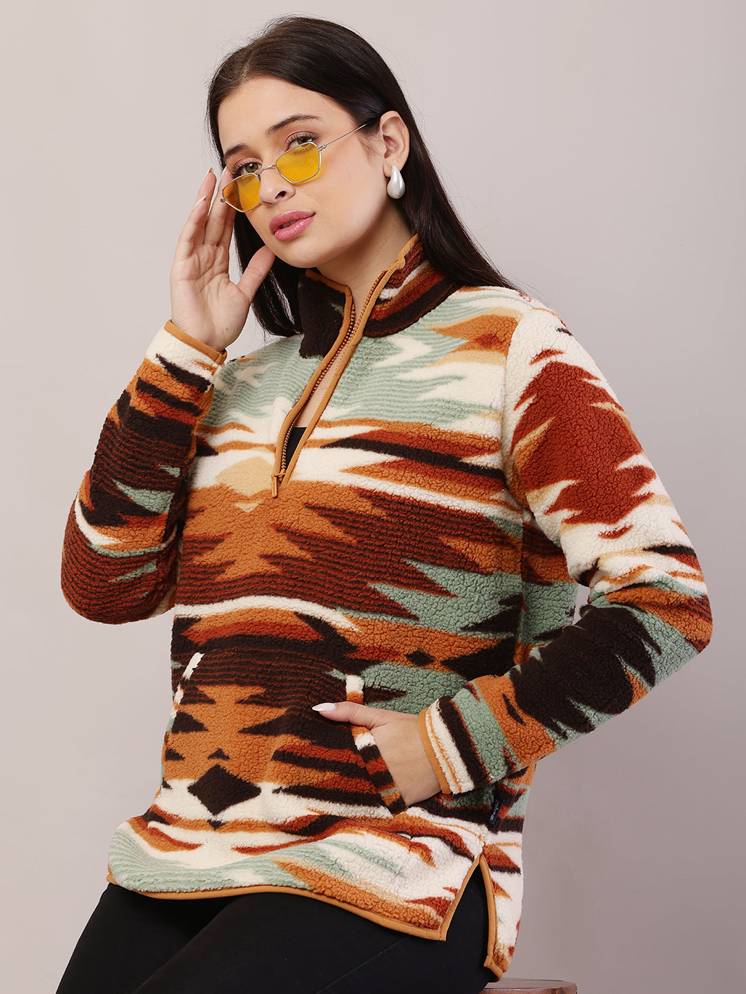Polyester Full Sleeve with High-Neck Ethnic Print Sweatshirt