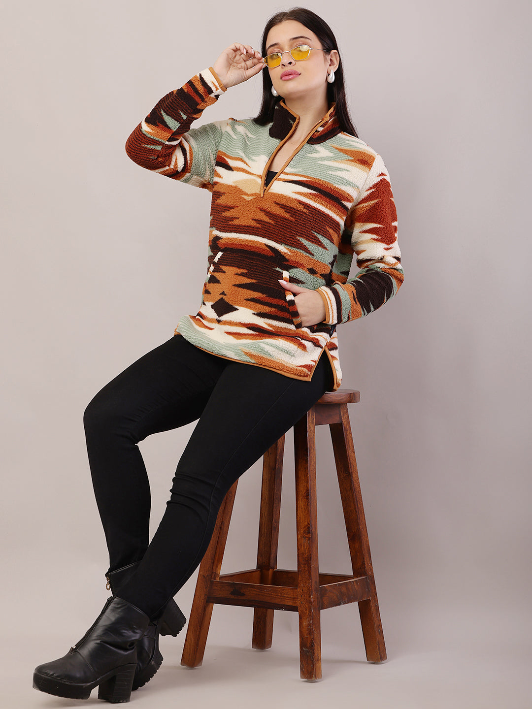 Polyester Full Sleeve with High-Neck Ethnic Print Sweatshirt