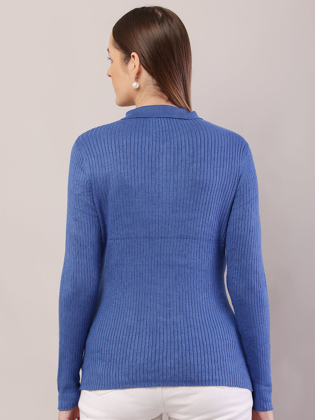 Viscose Full Sleeve with Shirt Collar Ribbed Blue Sweater
