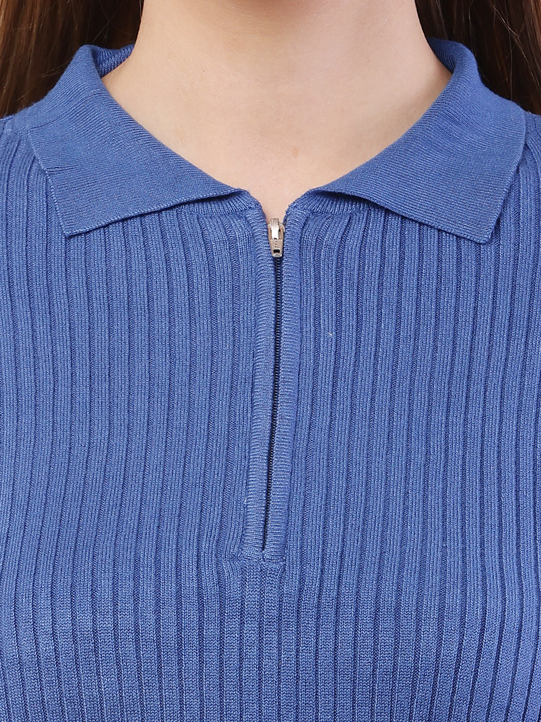 Viscose Full Sleeve with Shirt Collar Ribbed Blue Sweater