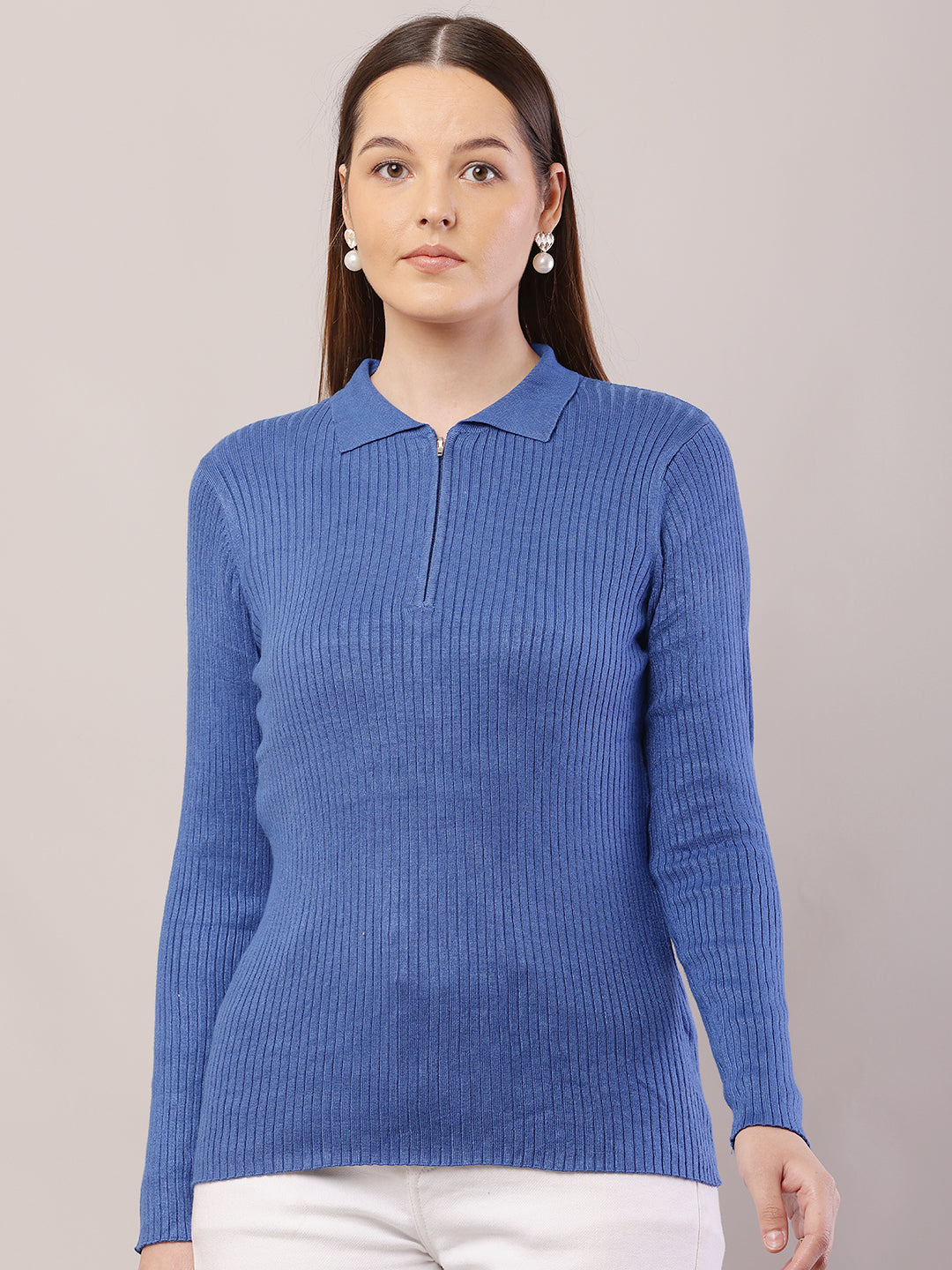 Viscose Full Sleeve with Shirt Collar Ribbed Blue Sweater