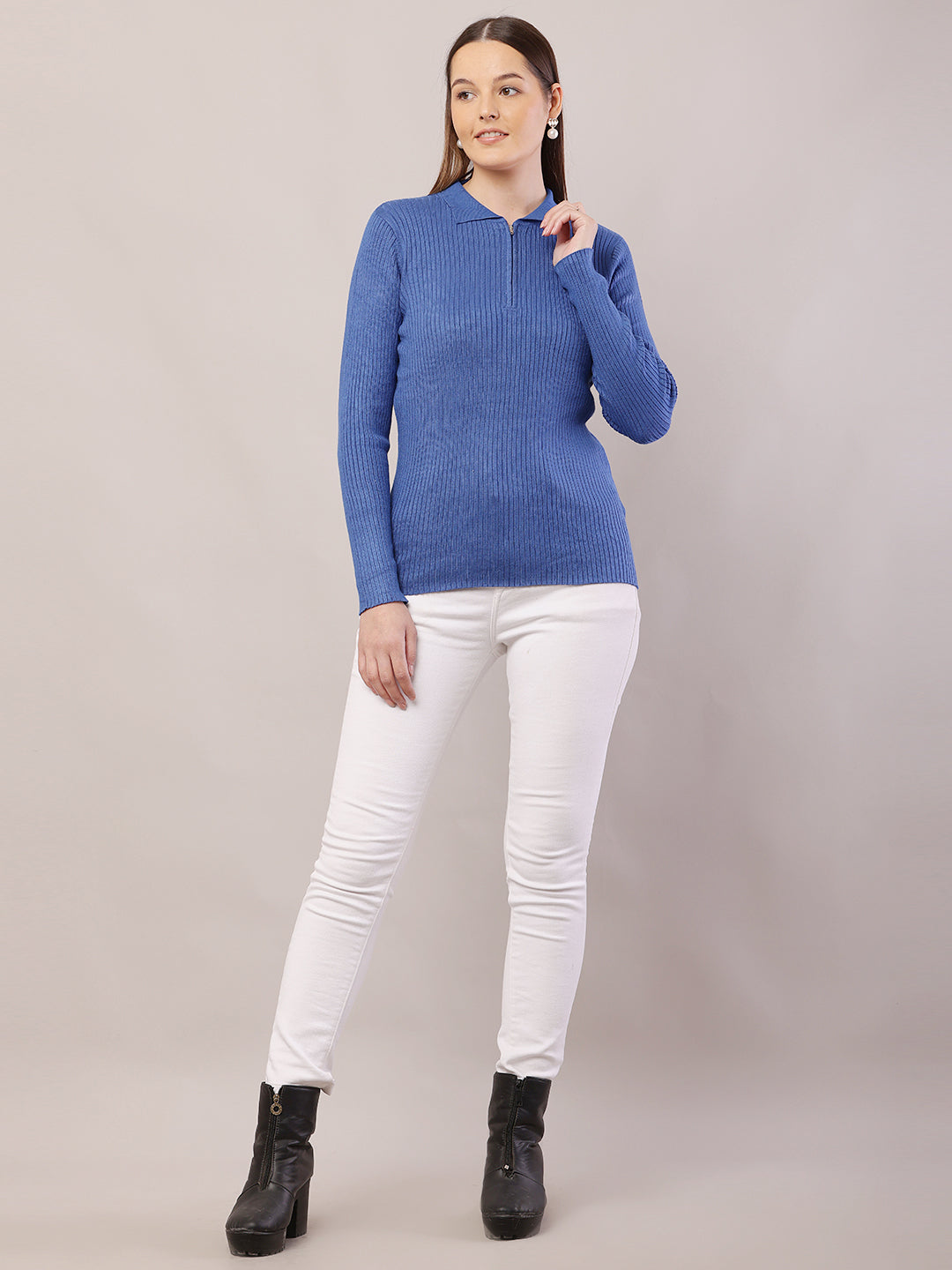 Viscose Full Sleeve with Shirt Collar Ribbed Blue Sweater