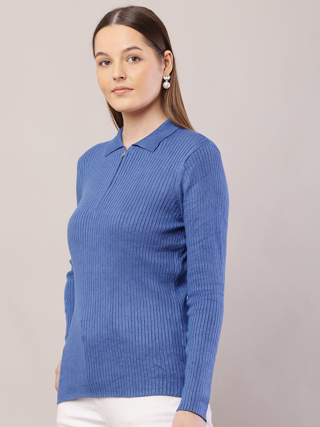 Viscose Full Sleeve with Shirt Collar Ribbed Blue Sweater