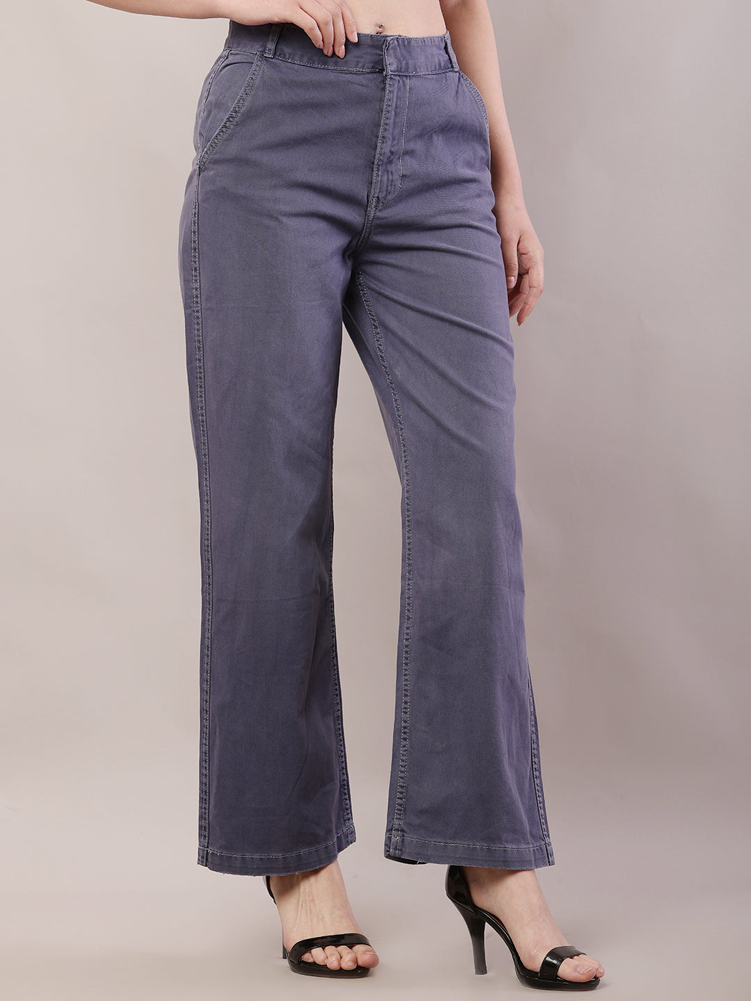 Cotton Regular Fit Belt loop Solid Wide Leg Grey Pant