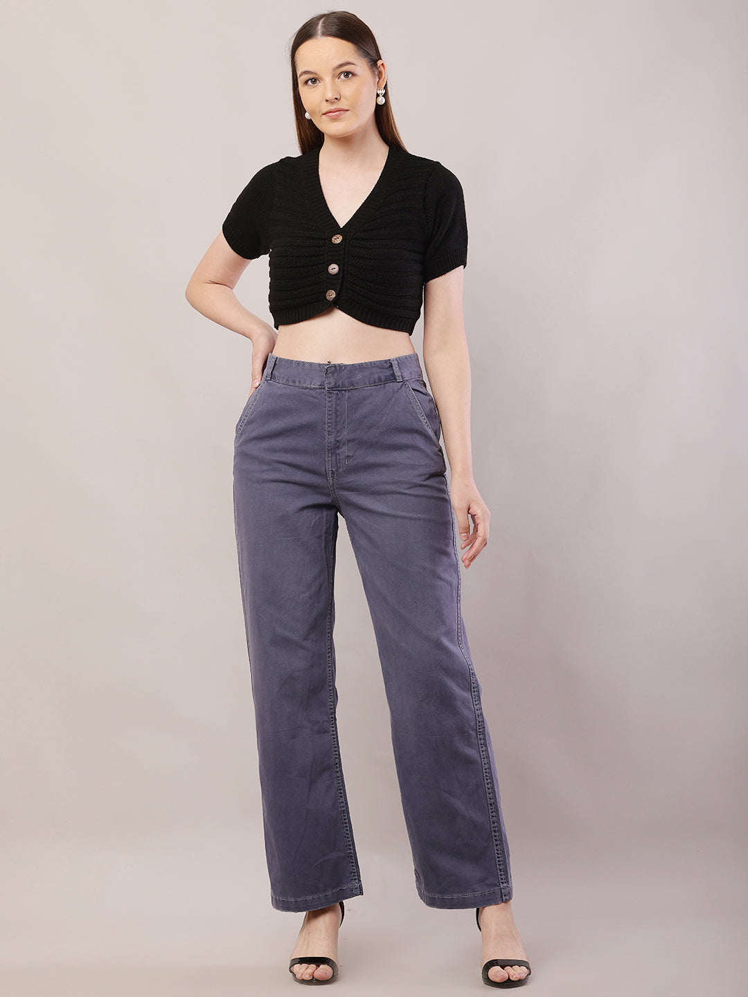 Cotton Regular Fit Belt loop Solid Wide Leg Grey Pant