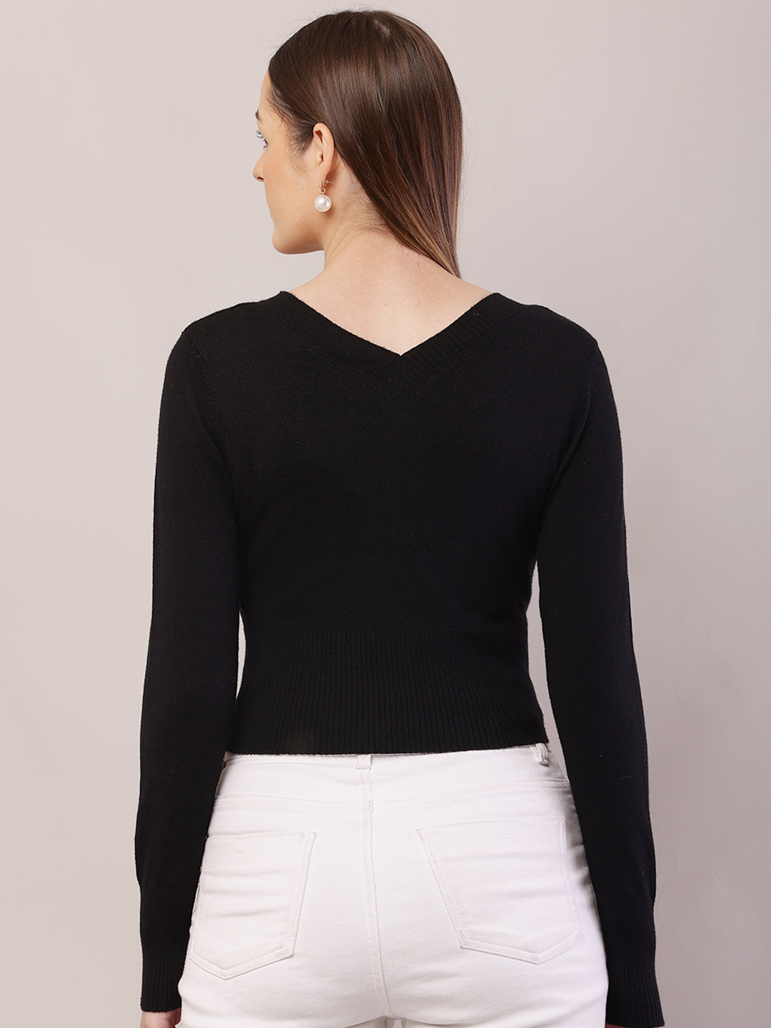 Viscose V-Neck with Full Sleeve Crop Black Sweater