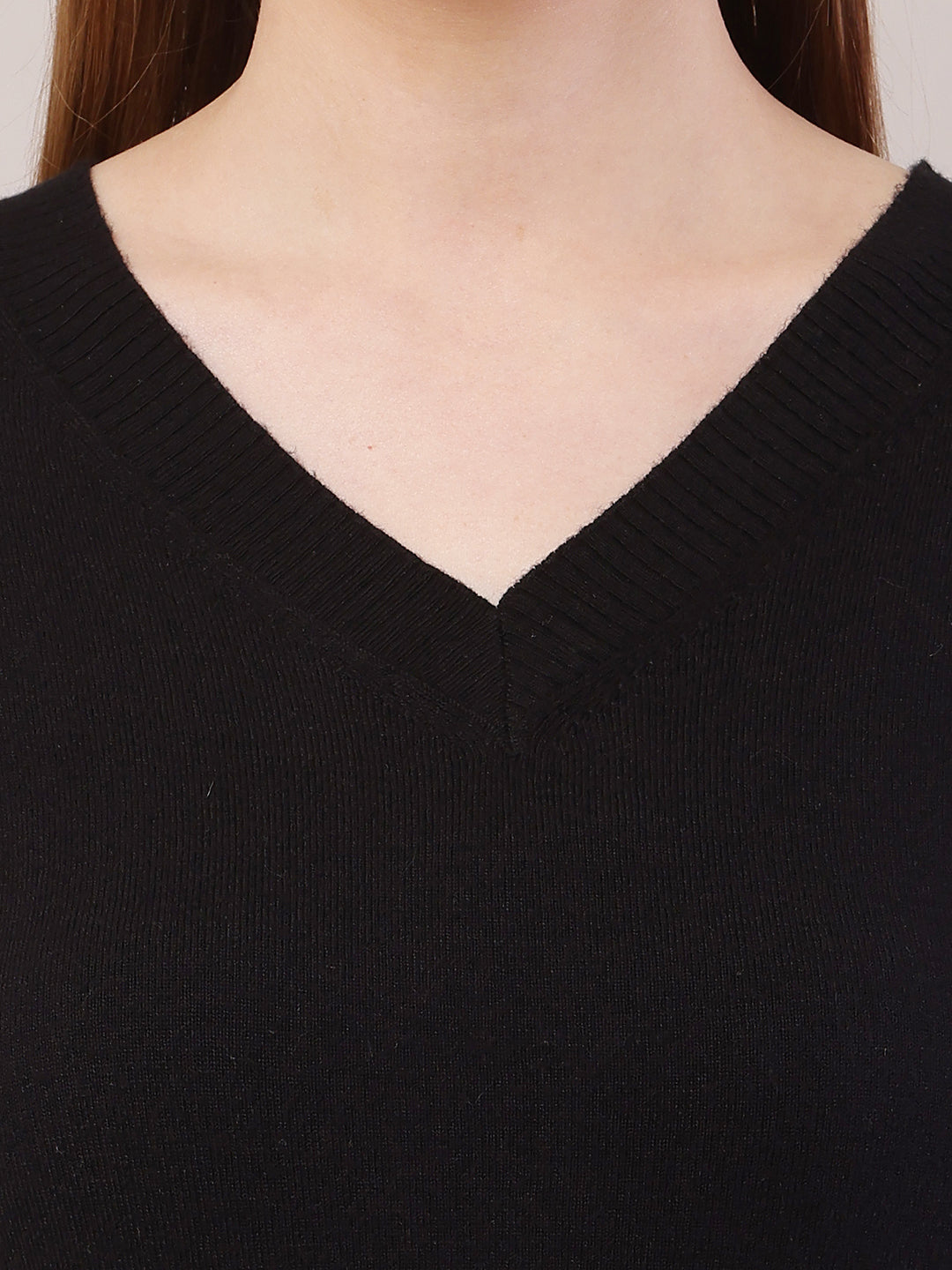 Viscose V-Neck with Full Sleeve Crop Black Sweater