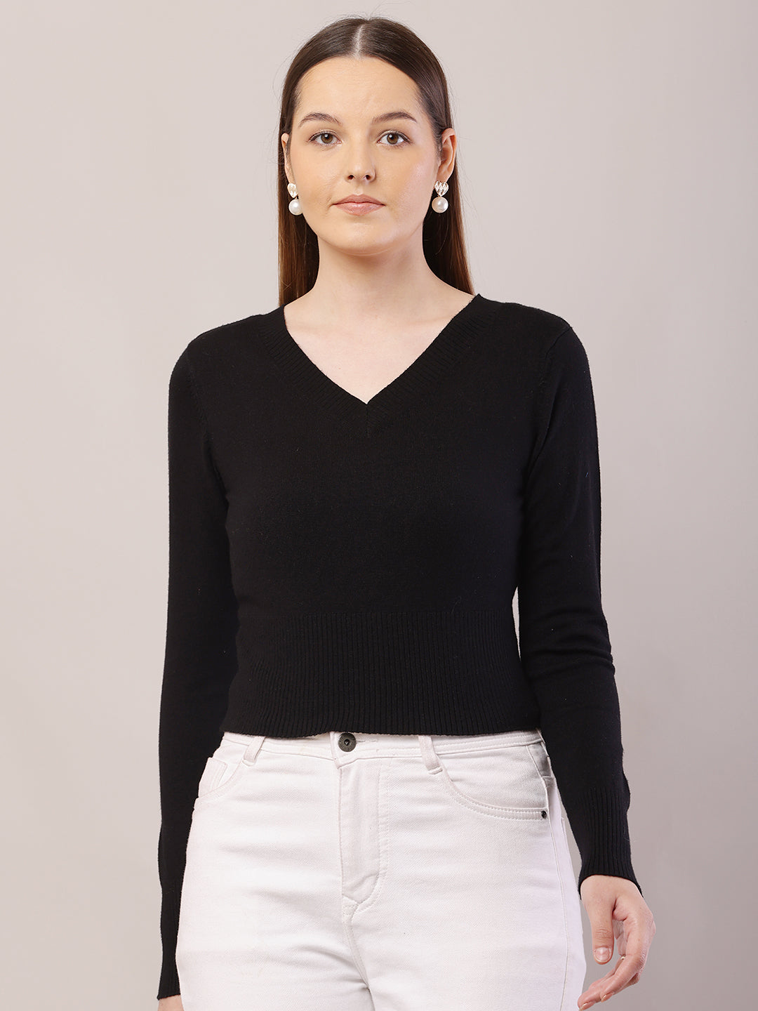 Viscose V-Neck with Full Sleeve Crop Black Sweater