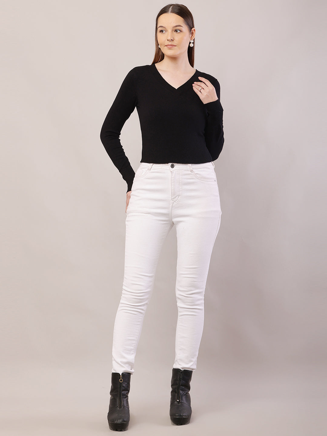 Viscose V-Neck with Full Sleeve Crop Black Sweater