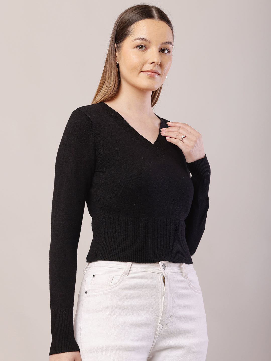 Viscose V-Neck with Full Sleeve Crop Black Sweater