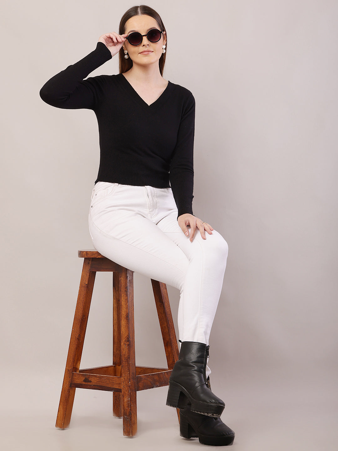 Viscose V-Neck with Full Sleeve Crop Black Sweater