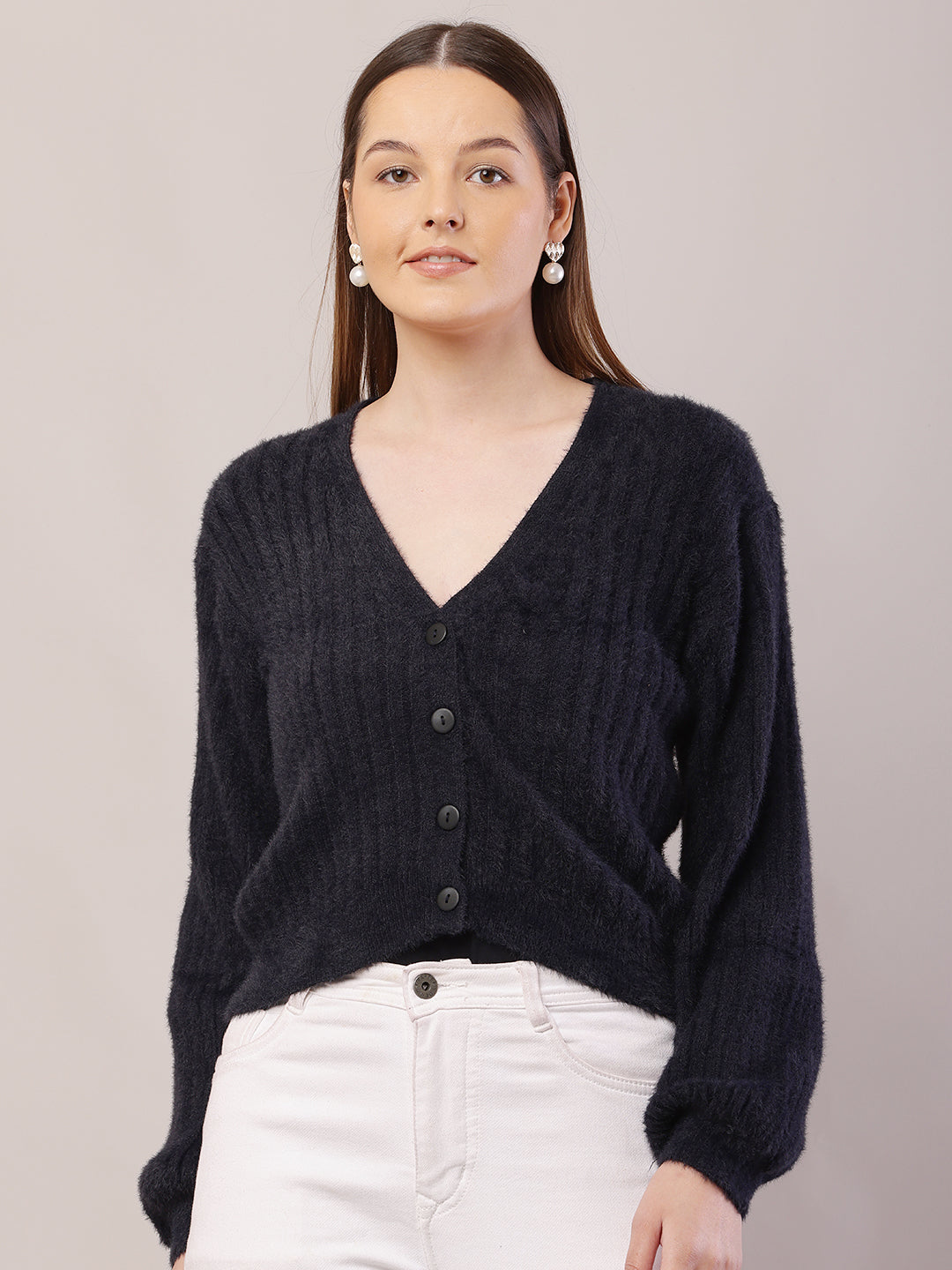 Nylon V-Neck with Full Sleeve Dark Blue Cardigan
