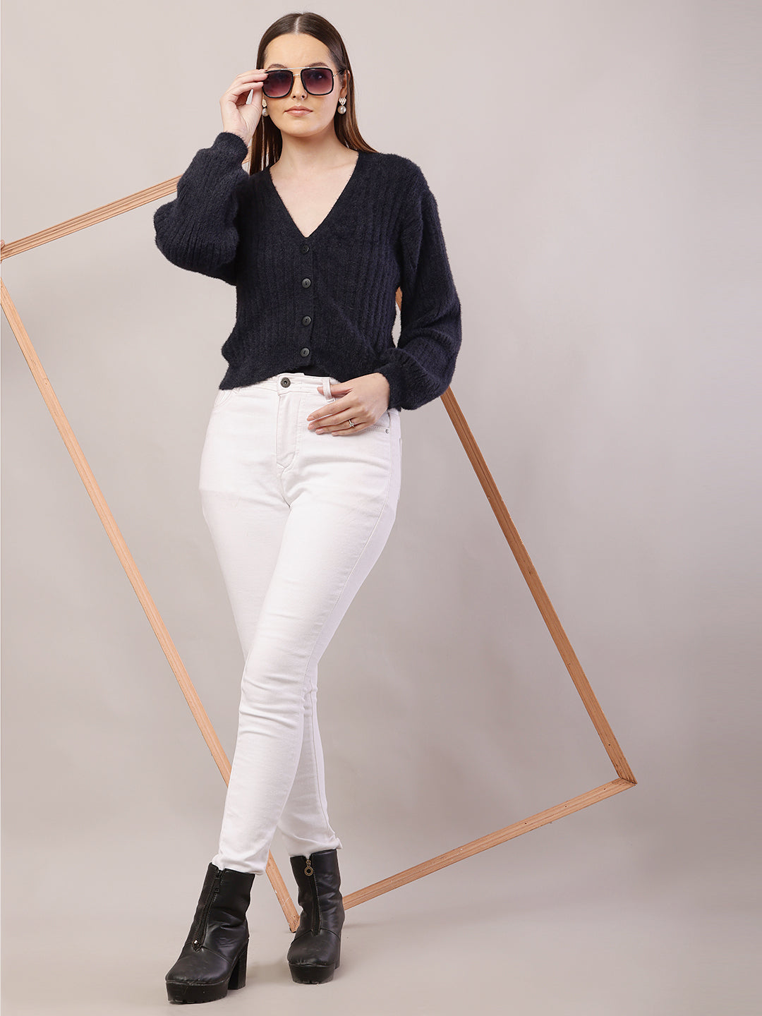 Nylon V-Neck with Full Sleeve Dark Blue Cardigan