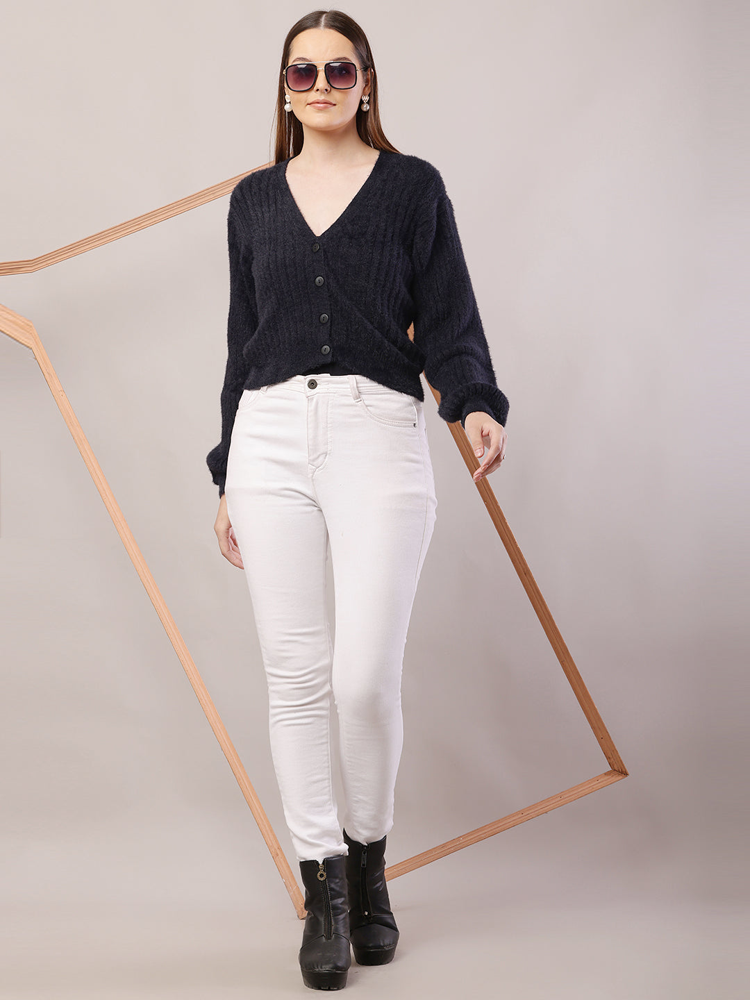 Nylon V-Neck with Full Sleeve Dark Blue Cardigan