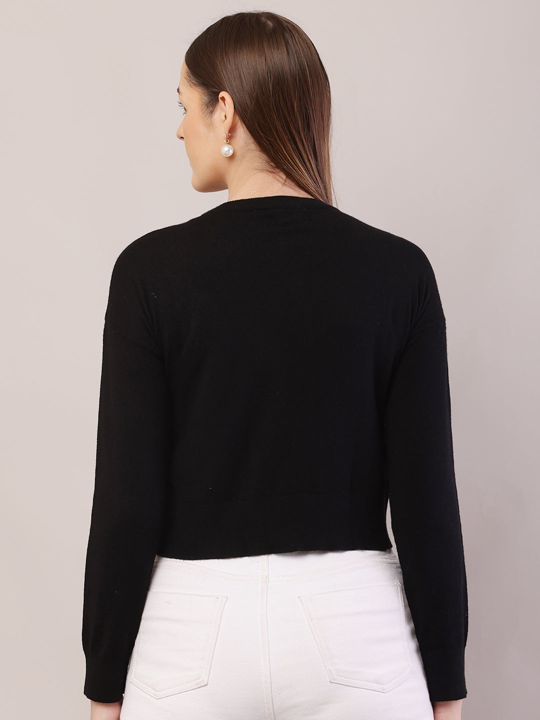 Viscose Round Neck with Full Sleeve Crop Black Sweater