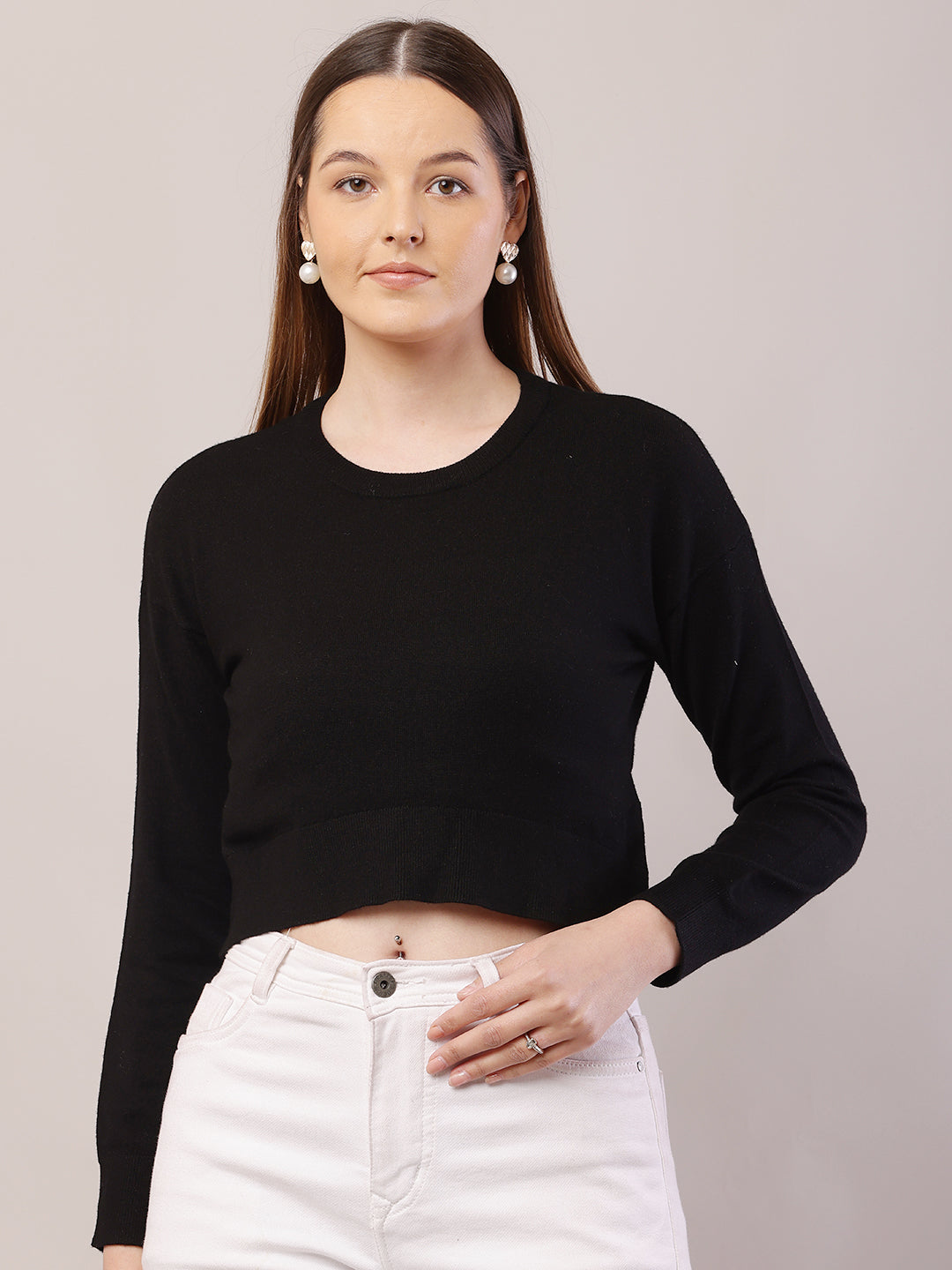 Viscose Round Neck with Full Sleeve Crop Black Sweater