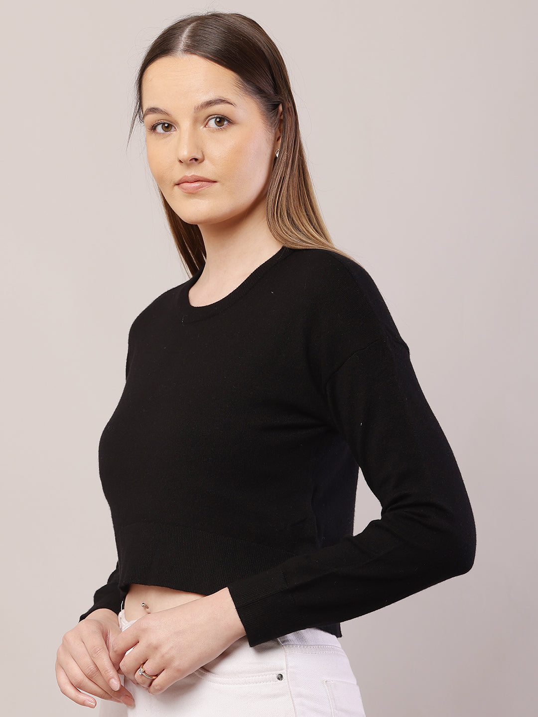 Viscose Round Neck with Full Sleeve Crop Black Sweater