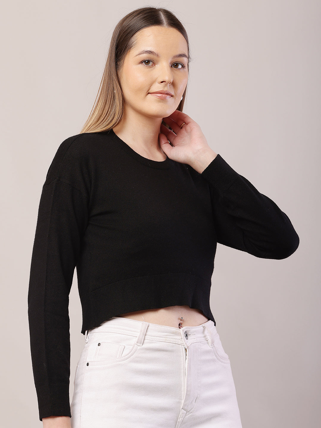 Viscose Round Neck with Full Sleeve Crop Black Sweater
