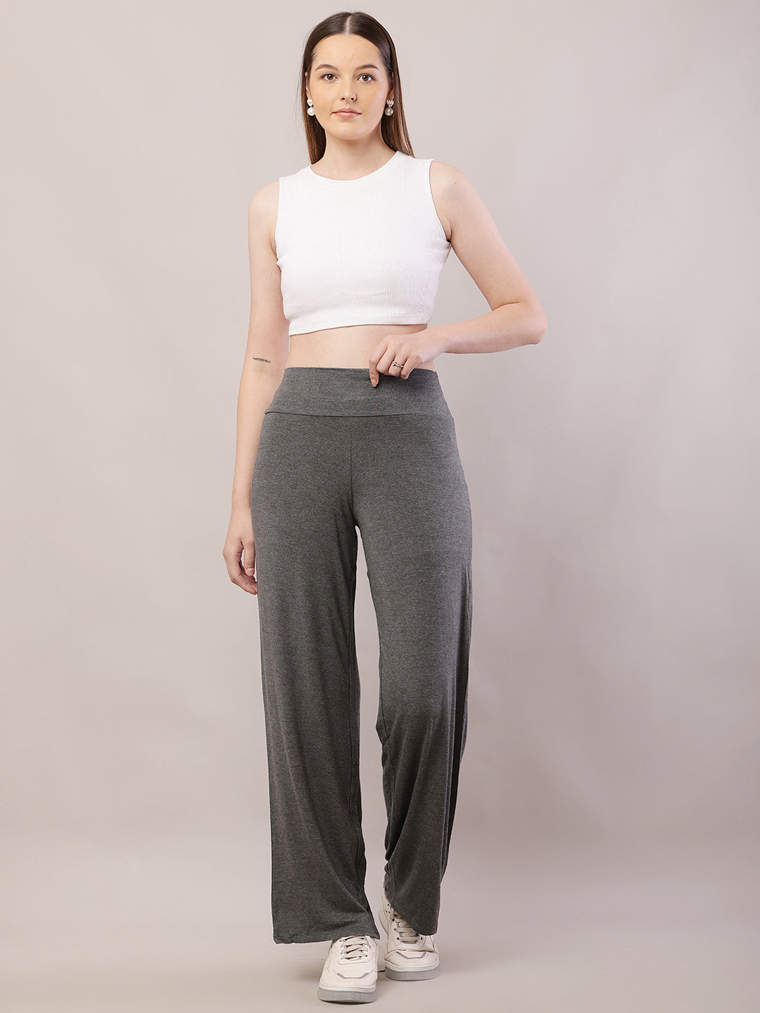 Cotton High-waist Solid Fleece Warm Grey Trouser