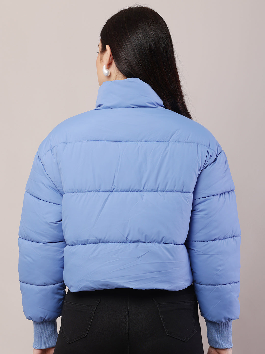 Polyester High-Neck with Full sleeve Blue Puffer Jacket