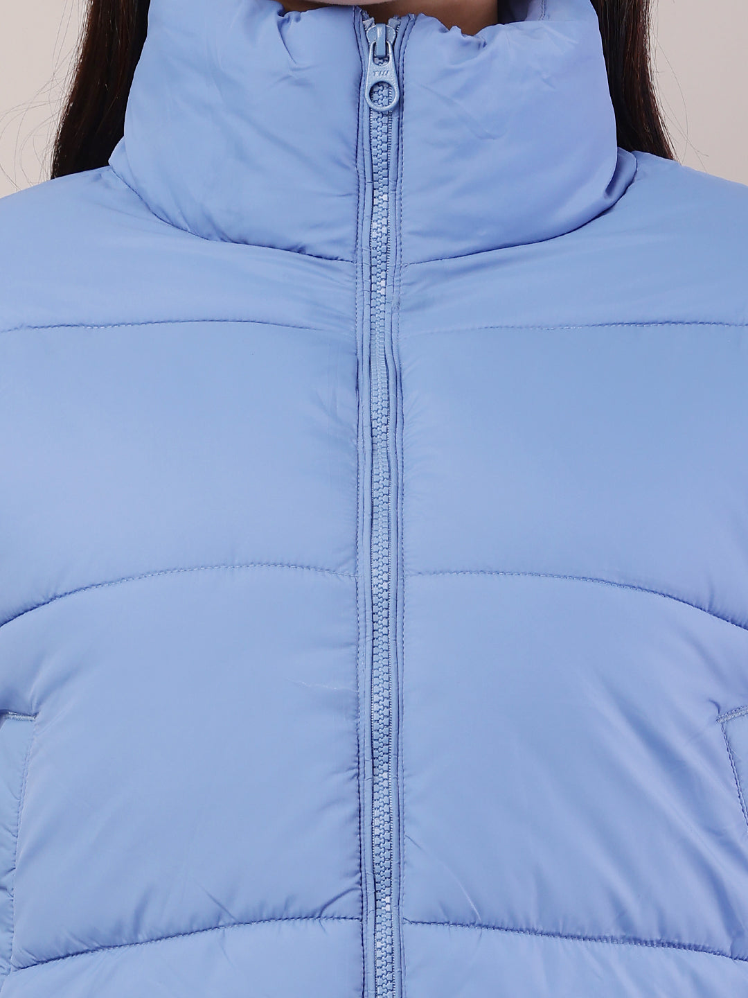 Polyester High-Neck with Full sleeve Blue Puffer Jacket