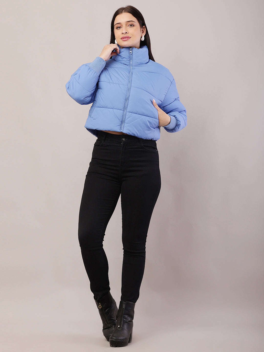 Polyester High-Neck with Full sleeve Blue Puffer Jacket