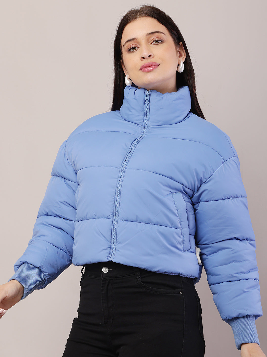 Polyester High-Neck with Full sleeve Blue Puffer Jacket
