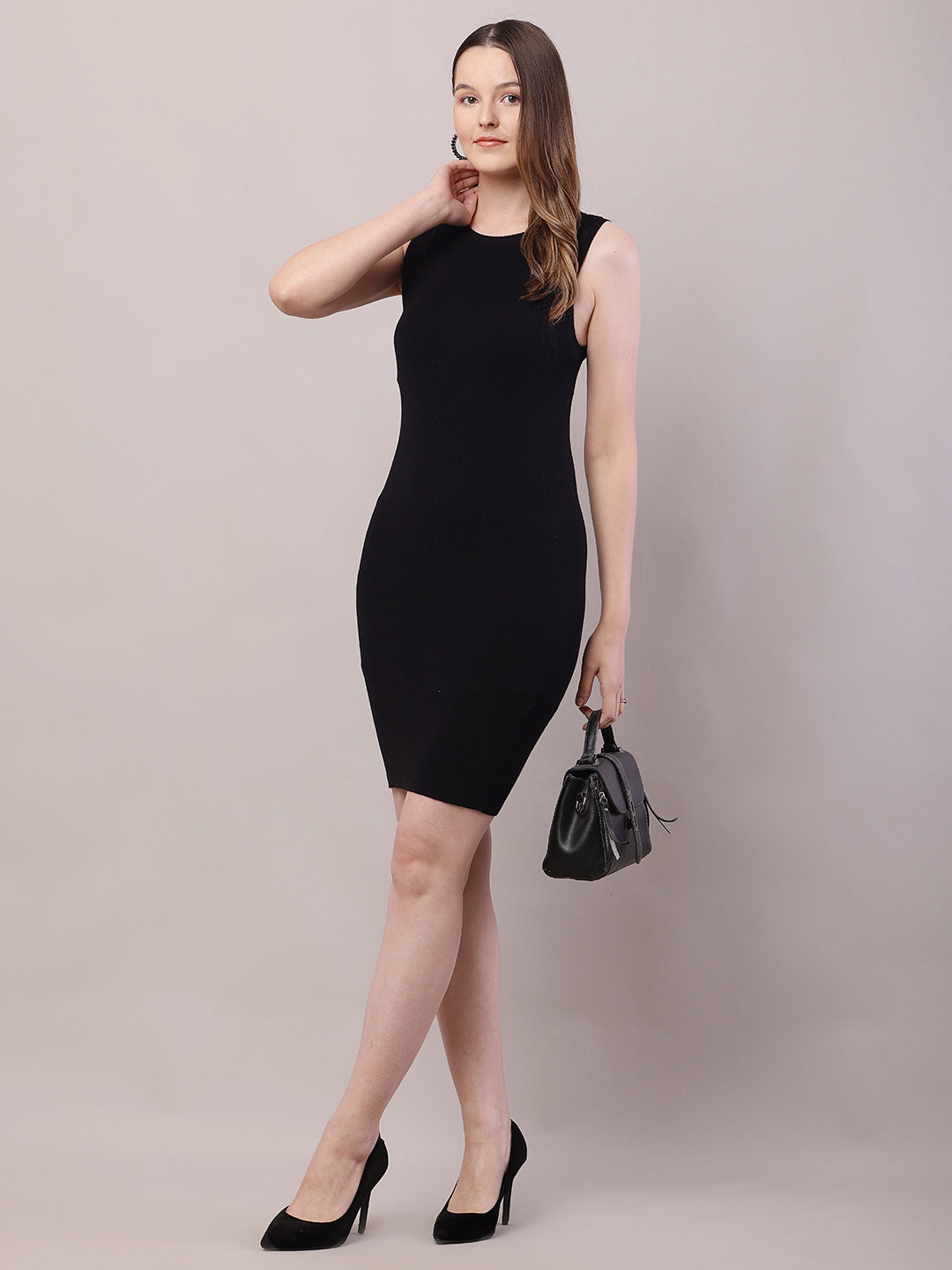 Viscose Sleeveless with Round Neck Black Bodycon Dress