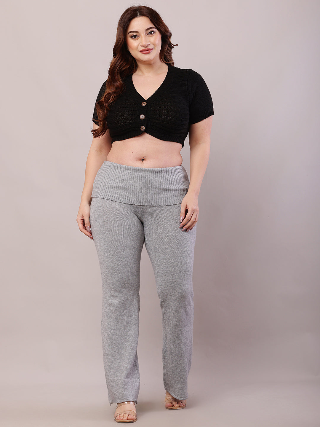 Viscose Elastic with High-waisted Full Length Grey Trouser