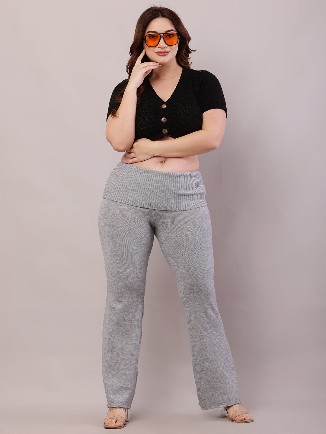 Viscose Elastic with High-waisted Full Length Grey Trouser