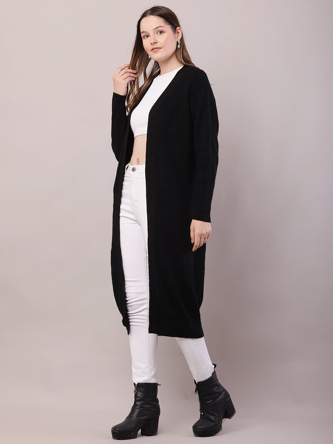 Viscose Full Sleeve with Front open long line Black Shrug