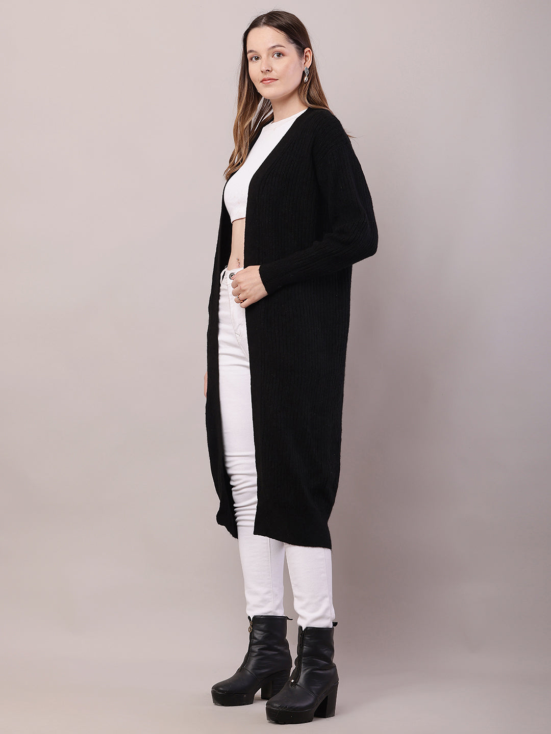 Viscose Full Sleeve with Front open long line Black Shrug