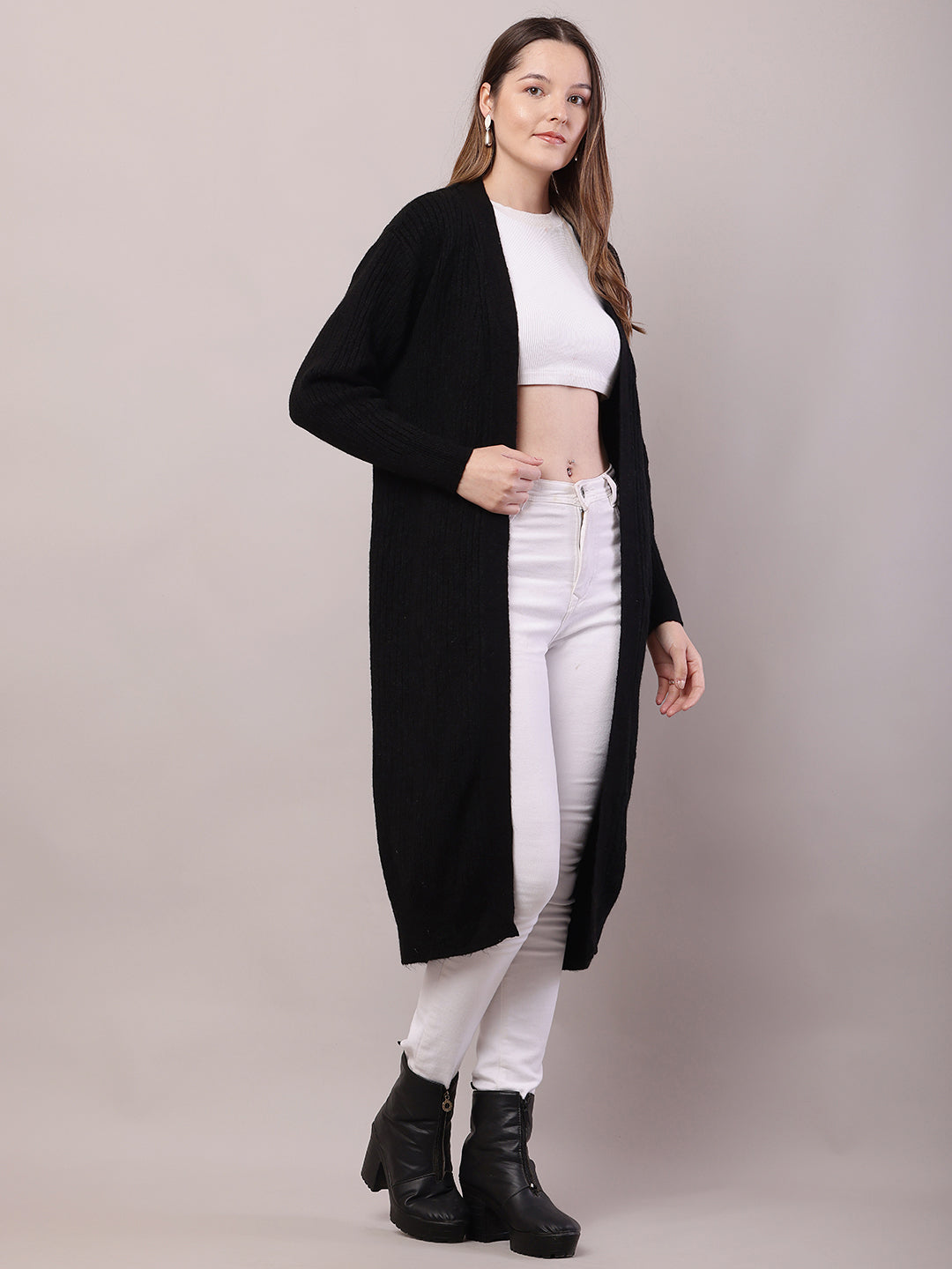 Viscose Full Sleeve with Front open long line Black Shrug