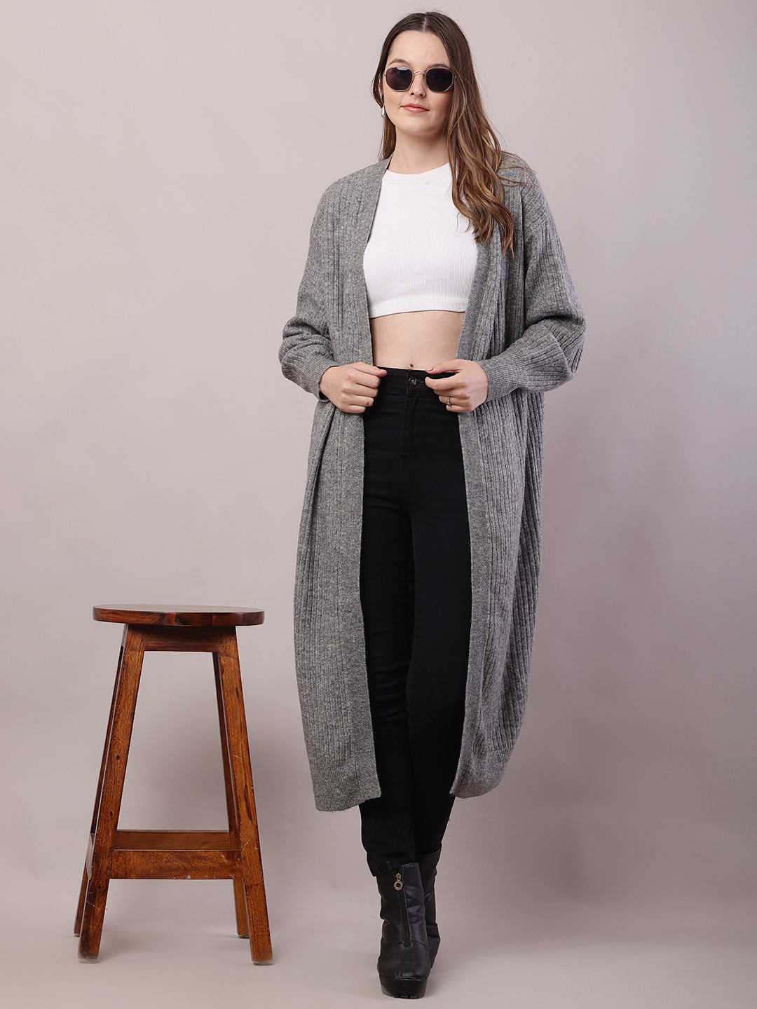 Viscose Full Sleeve with Front open long line Grey Shrug